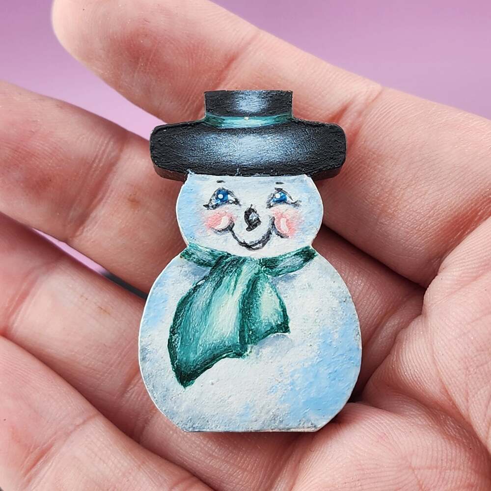 Painted Wood Snowman Brooch Black Hat Green Scarf Folk Art Christmas Pin